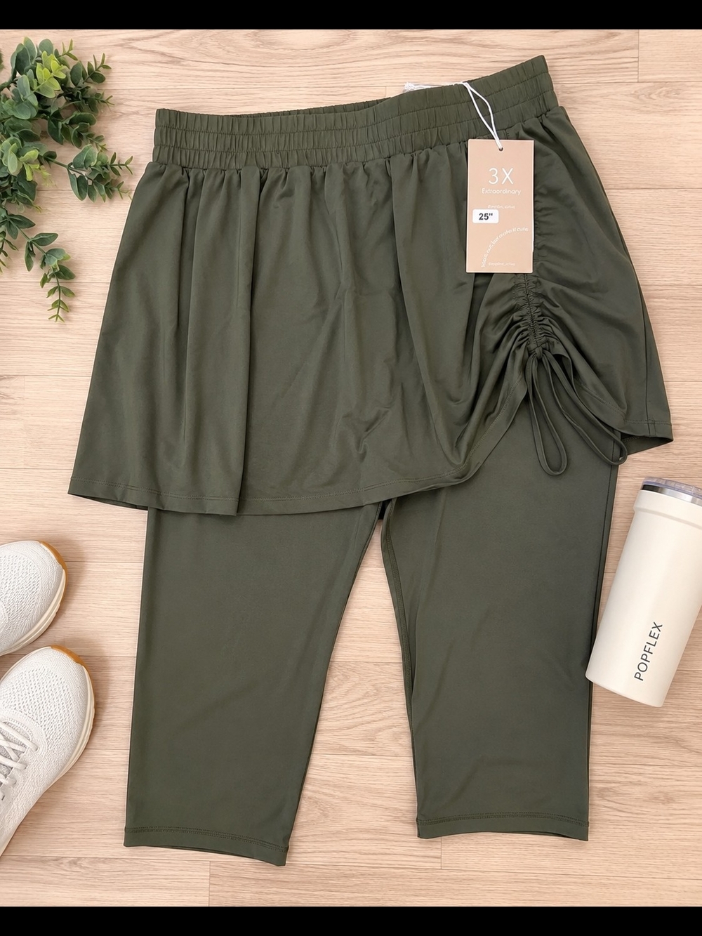 POPFLEX Active 3X Olive Green Sklegging Skirted Capri Leggings NWT 25"
